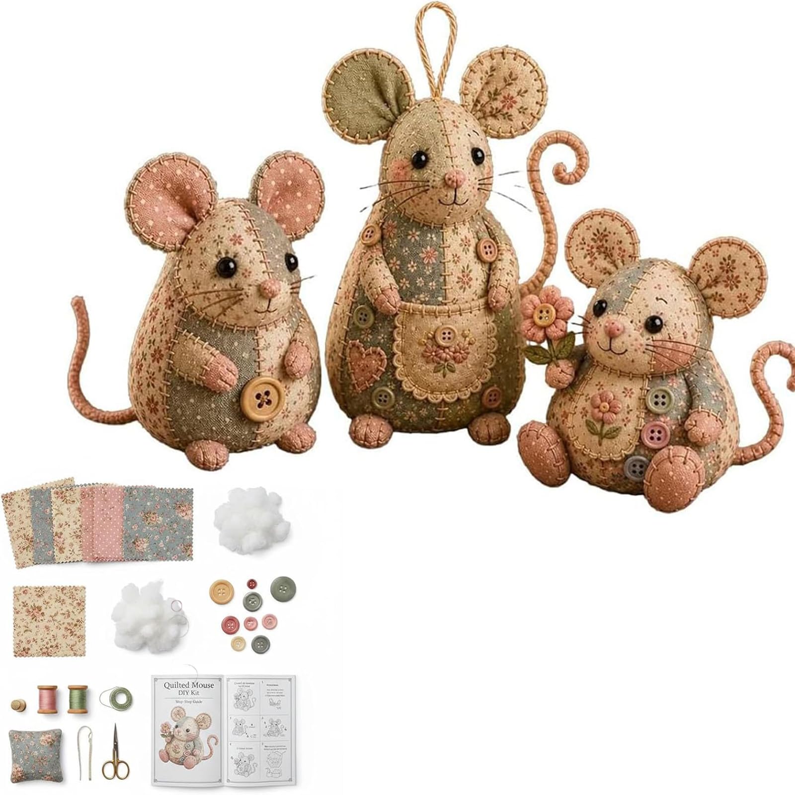 Patchwork-Maus-DIY-Set, handgefertigtes Patchwork-Maus-Nähset, niedliche 3D-Filzmäuse-Patchworks-Tier-Kits, komplettes Stofftierprojekt aus Filz,mit vorgeschnittenen Teilen,Füllung Knöpfen (#all)