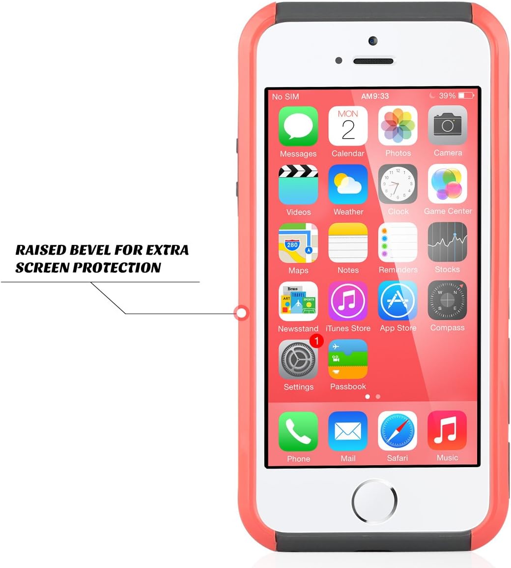 ULAK iPhone SE Case, iPhone 5S Case, iPhone 5 Case, Slim Fit Dual Layer Protection Case Shock Absorbing Hard Rugged Ultra Protective Back Rubber Cover with Impact Protection (Neon Red+Grey)