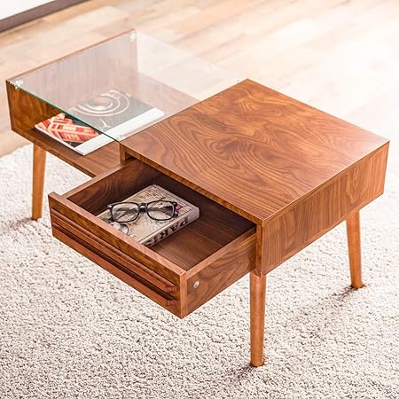 Amazon Co Jp システムk センターテーブル 収納付きガラステーブル 引き出し ローテーブル 木製 ブラウン ホーム キッチン