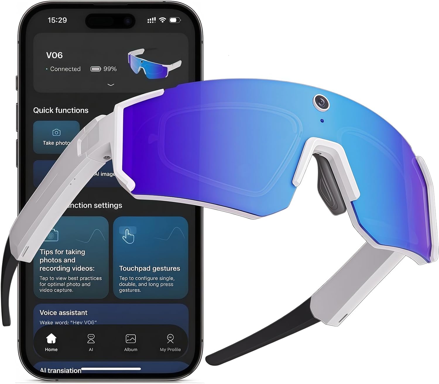 Sport AI Smart Sunglasses with 4K POV Camera — Audio & Video, Real-Time Translation, AI Voice Assistant, Internal Storage, Unisex for Cycling & Outdoor Sports (White/Ice Blue)