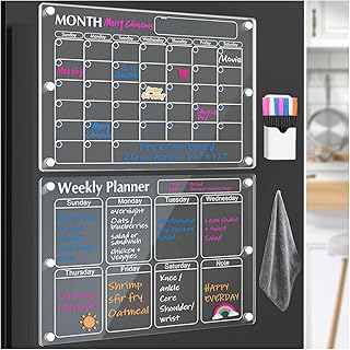 Vignee Magnetic Acrylic Calendar for Fridge,(17"x12"Inches) 2 Pcs Clear Dry Erase Board of Monthly & Weekly Calendar for Refrigerator Reusable Planner Board,Includes 8 Dry Erase Markers with 4 Colors