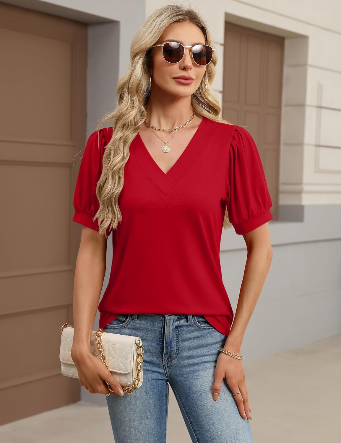 Rapbin Womens Summer Tops Puff Short Sleeve Shirts V Neck Blouses Business Casual Tunic Spring Fashion Clothes 2026 - Image 4