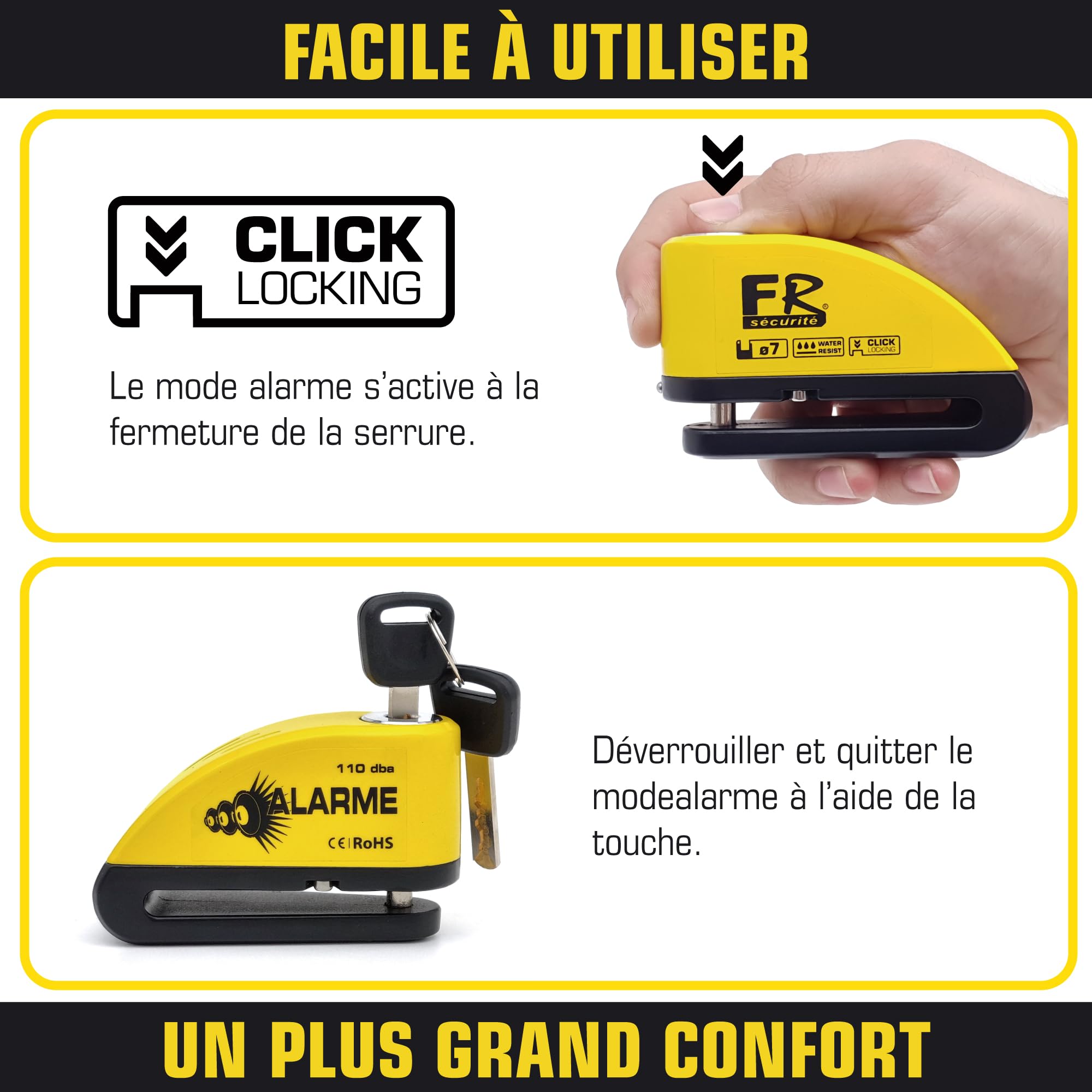 FR SECURITE FR7Y Antivol Moto, Bloc Disque Alarme 110db, Bloque Disque de Haute Sécurité avec 1.5m Câble Rappel, 6 Piles de Rechange et Sac pour Cadenas, Disc Lock pour Moto, Velo, Vespa