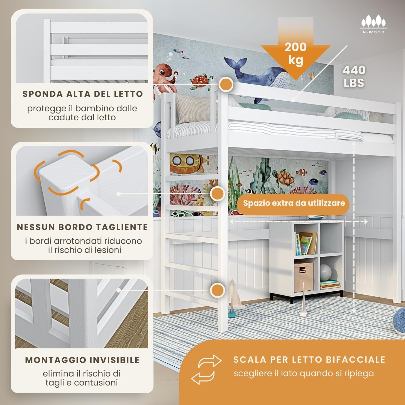 N01 Letto a Soppalco 90x180 cm, 100% Legno massello, Lettino per bambini e adulti, Scala universale: destra o sinistra, Struttura inclusa, Nessuna vite sporgente, Bianco
