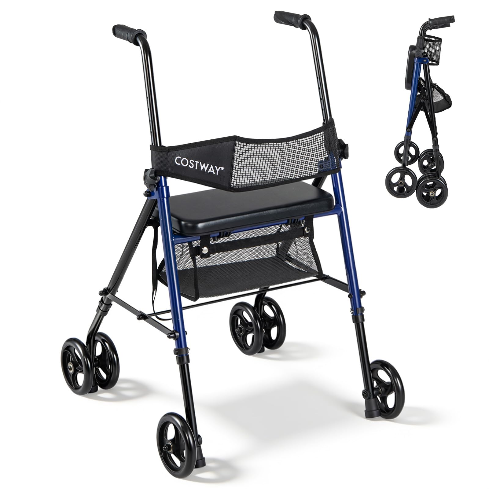 COSTWAY Deambulatore Pieghevole per Anziani, Girello a 4 Ruote con Sedile, Maniglie Regolabili a 8 Livelli, Schienale e Borsa a Rete, Deambulatore Rollator Ultraleggero per Disabil, Portata 136 kg