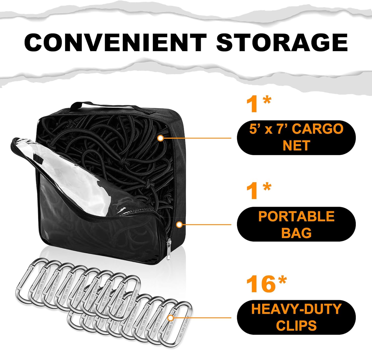 Seven Sparta 5’ x 7’ Bungee Cargo Net Stretches to 10' x 14' for Truck Bed, Pickup Bed, Trailer, Trunk, SUV with 16 Bonus D Clip Carabiners Car Organizer Net for Large Loads (Black, 5'x7') - Image 5