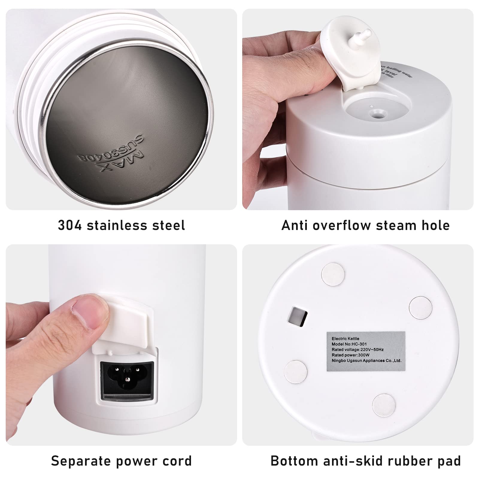 Vegena Petite bouilloire électrique portable - 400 ml - Mini bouilloire électrique avec arrêt automatique - 5 min d’ébullition rapide pour thé, lait, café - Blanc
