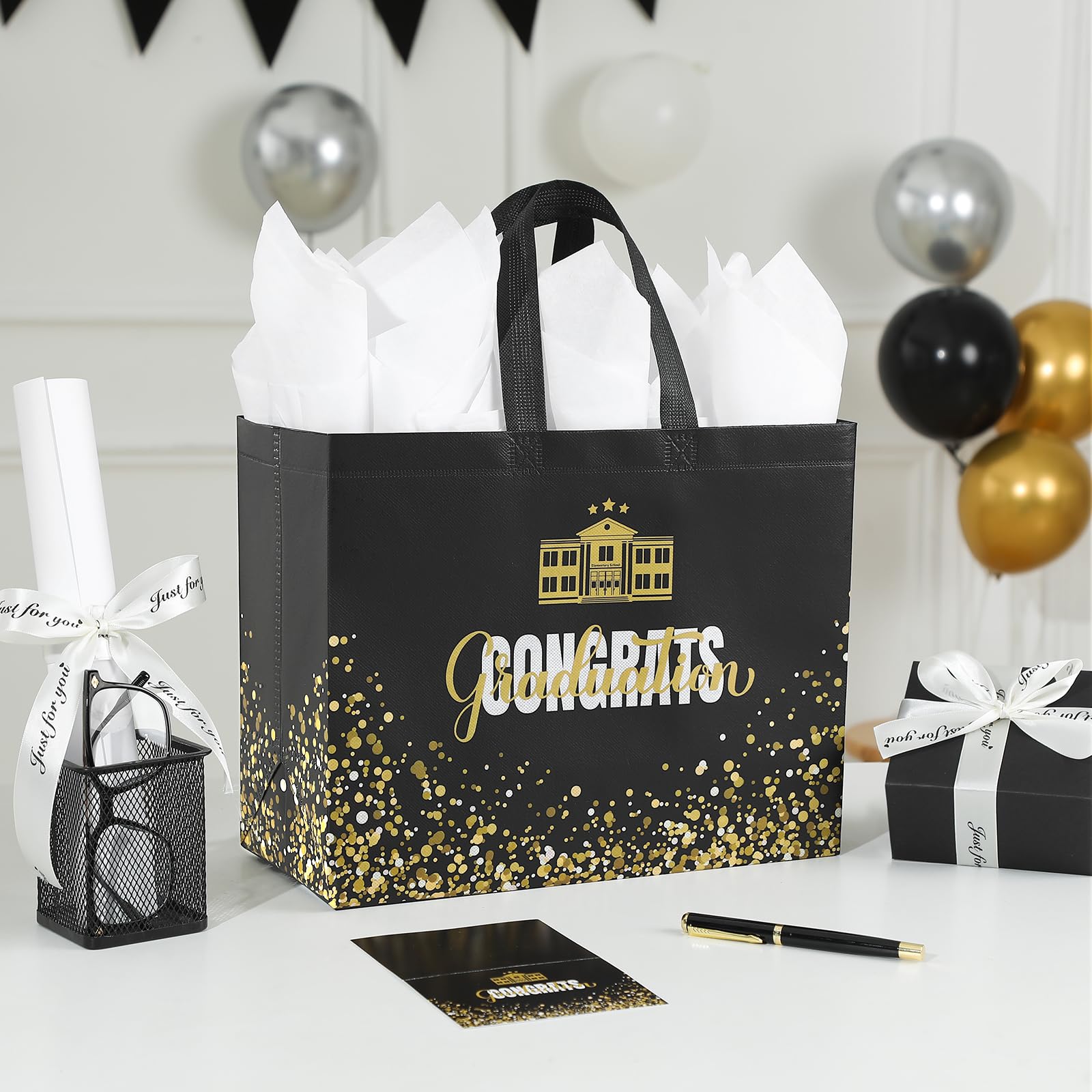YANGTE 2 Pack 13" Large Graduation Gift Bags with Tissue Paper and Cards, Reusable Non-Woven Graduation Bags with Handle, Congrats Grad Gift Wrap Bags for High School, College