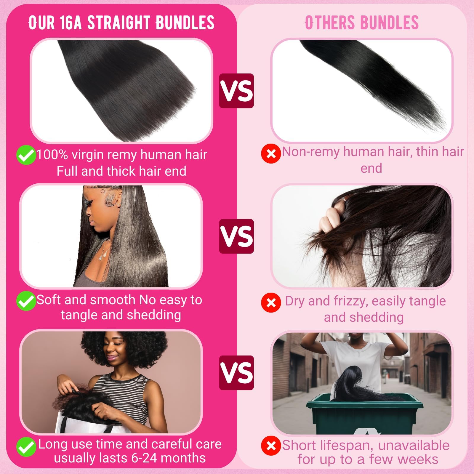 Beauty Queen 3 Bundles Human Hair Bone Straight (20 Inch) 16A Grade 100% Unprocessed Straight Brazilian Sew In Thick Virgin Hair Extensions Natural Color - Image 3