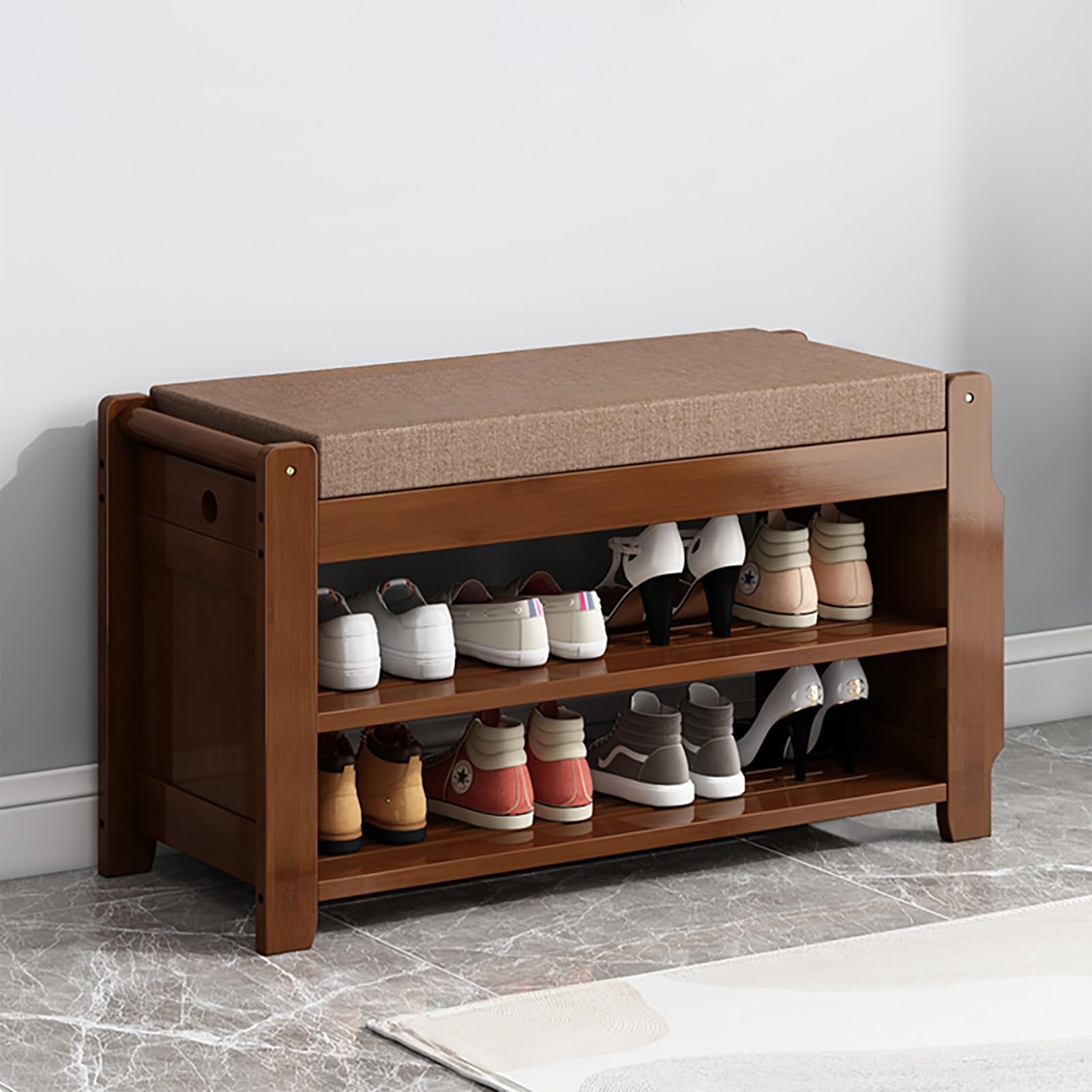 Banc de rangement pour chaussures en bambou meuble entrée avec tiroir latéral et coussin
