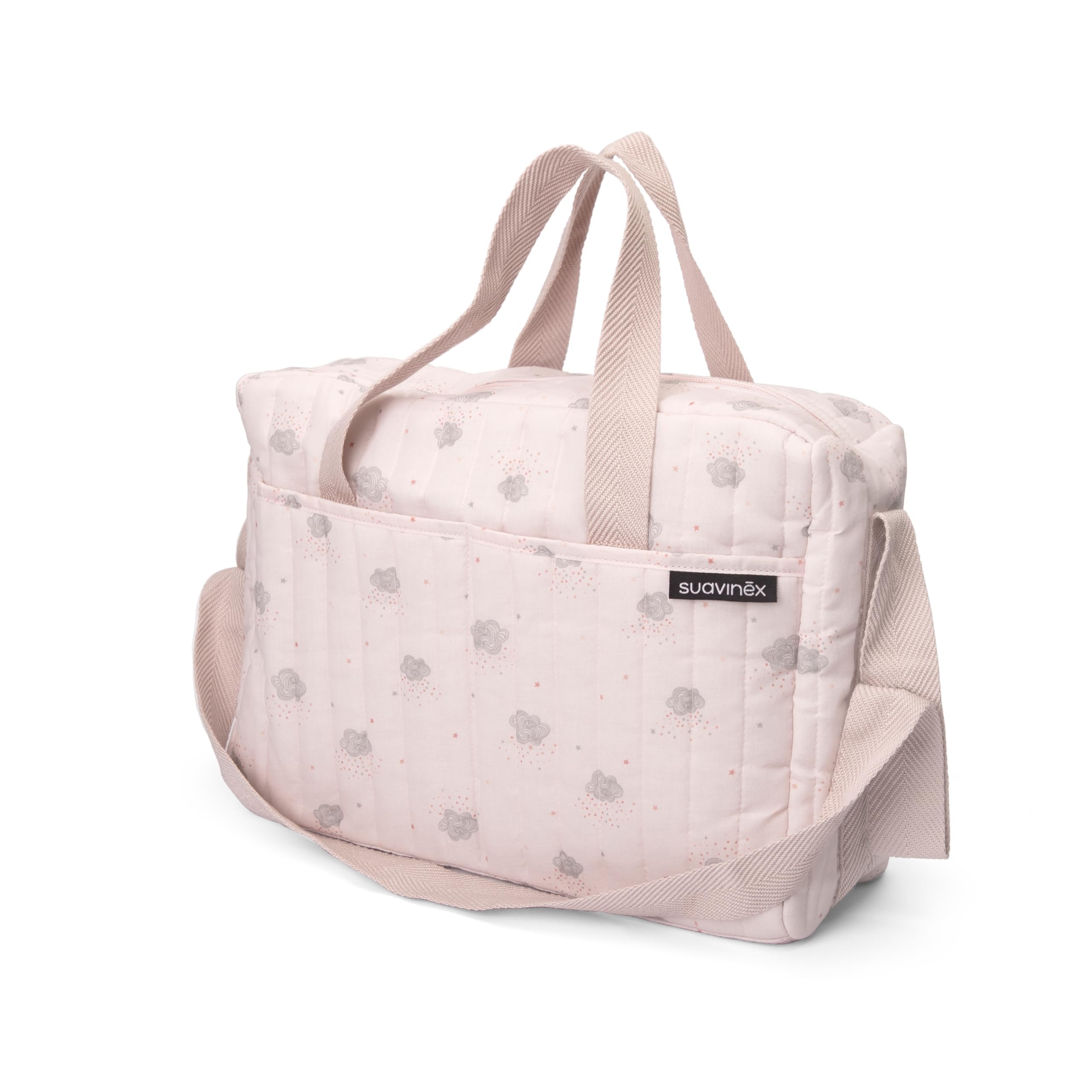 Suavinex Borsa cambio bambino con cosmetici Gel detergente delicato 300 ml Latte idratante 300 ml Crema cambio 75 ml Salviette 60 unità Regalo nascita rosa