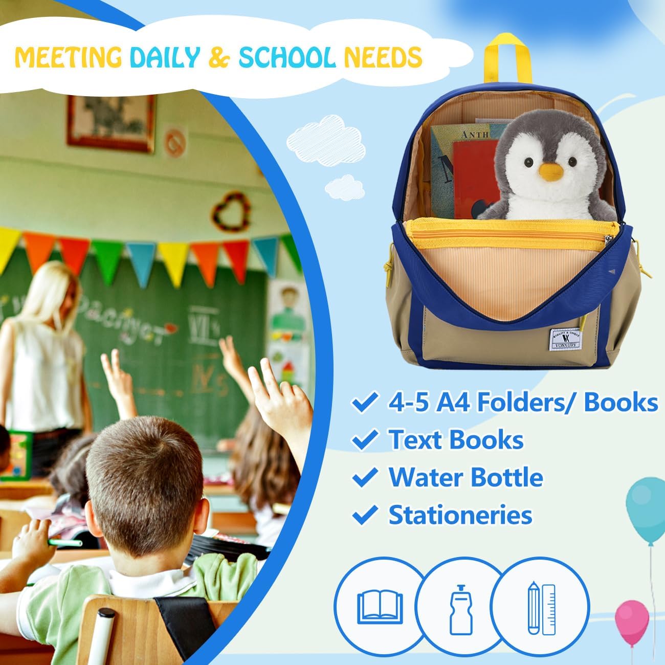 VX VONXURY Toddler Backpack for Boys Age 2-6，Small Kids Preschool Book Bag for Kindergarten Girls Fit A4 Folder