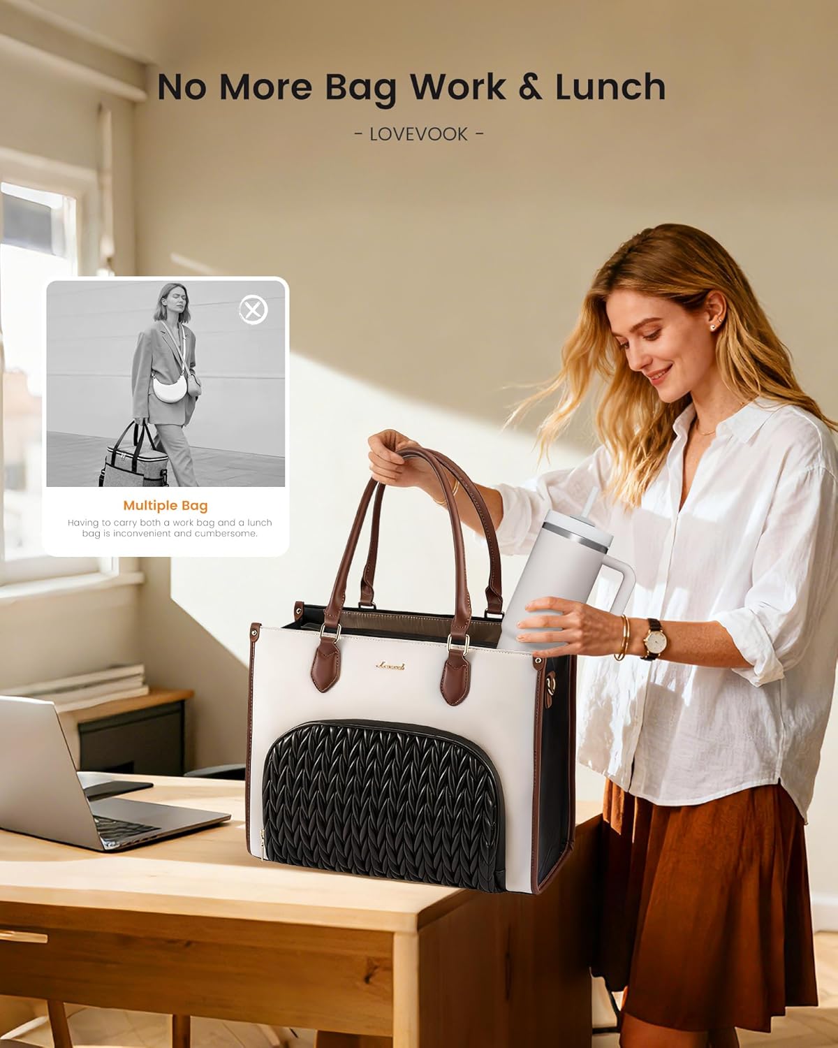 LOVEVOOK Lunch Tote Bag for Women, 3 in 1 Work Bag with Insulated Lunch Compartment, 15.6 Inch Laptop Tote Bag for Teacher, Nurse, Business, Office - Image 3