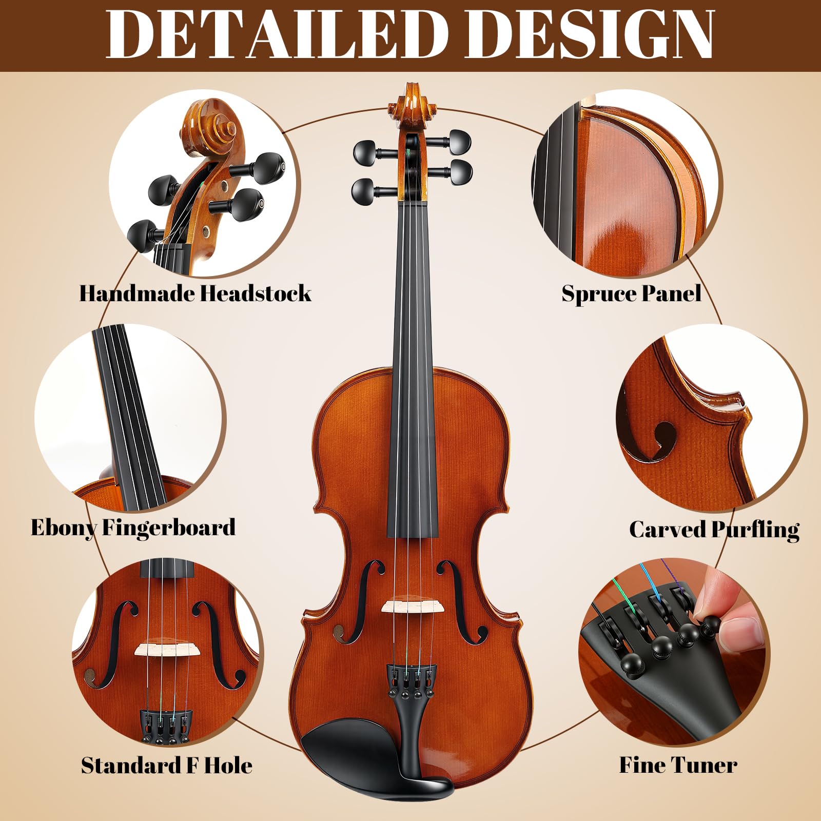 Kmise Violine 4/4 Full Set High Density Ebenholz Violinen Glänzend Akustische Geige für Erwachsene Anfänger Studenten mit Violinkoffer Kolophonium Saiten Bogen Schulterstütze & Führung (Rotbraun 4/4)