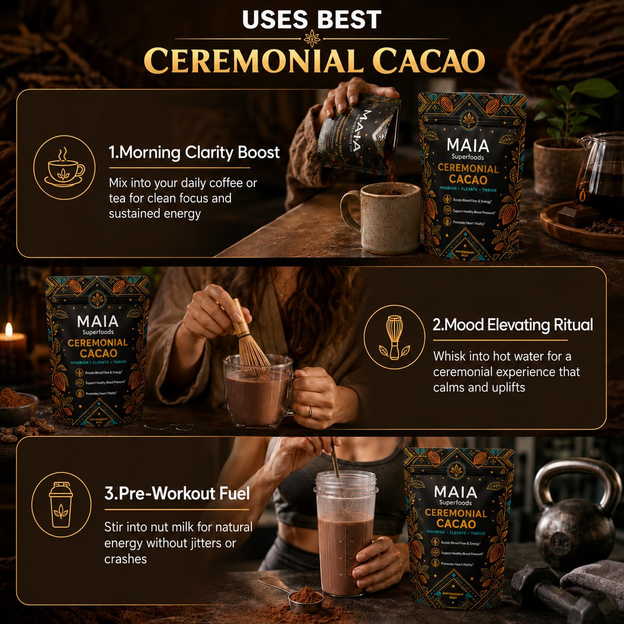 Cacao de cérémonie, mélange de cacao non sucré pour un usage quotidien, goût riche et lisse, facile à préparer chaud ou froid, comprend une cuillère à mesurer