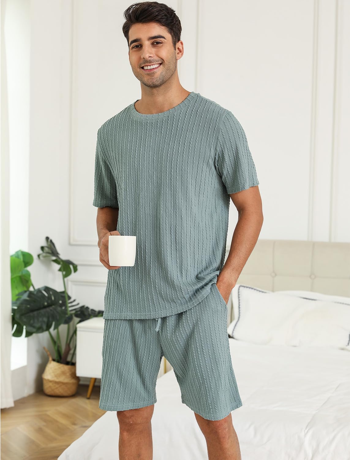 EISHOPEER Matching Pajamas for Couples Ribbed Knit Pajama Short Sleeve Soft Sleepwear 2 Piece Loungewear S-XXL - Image 4