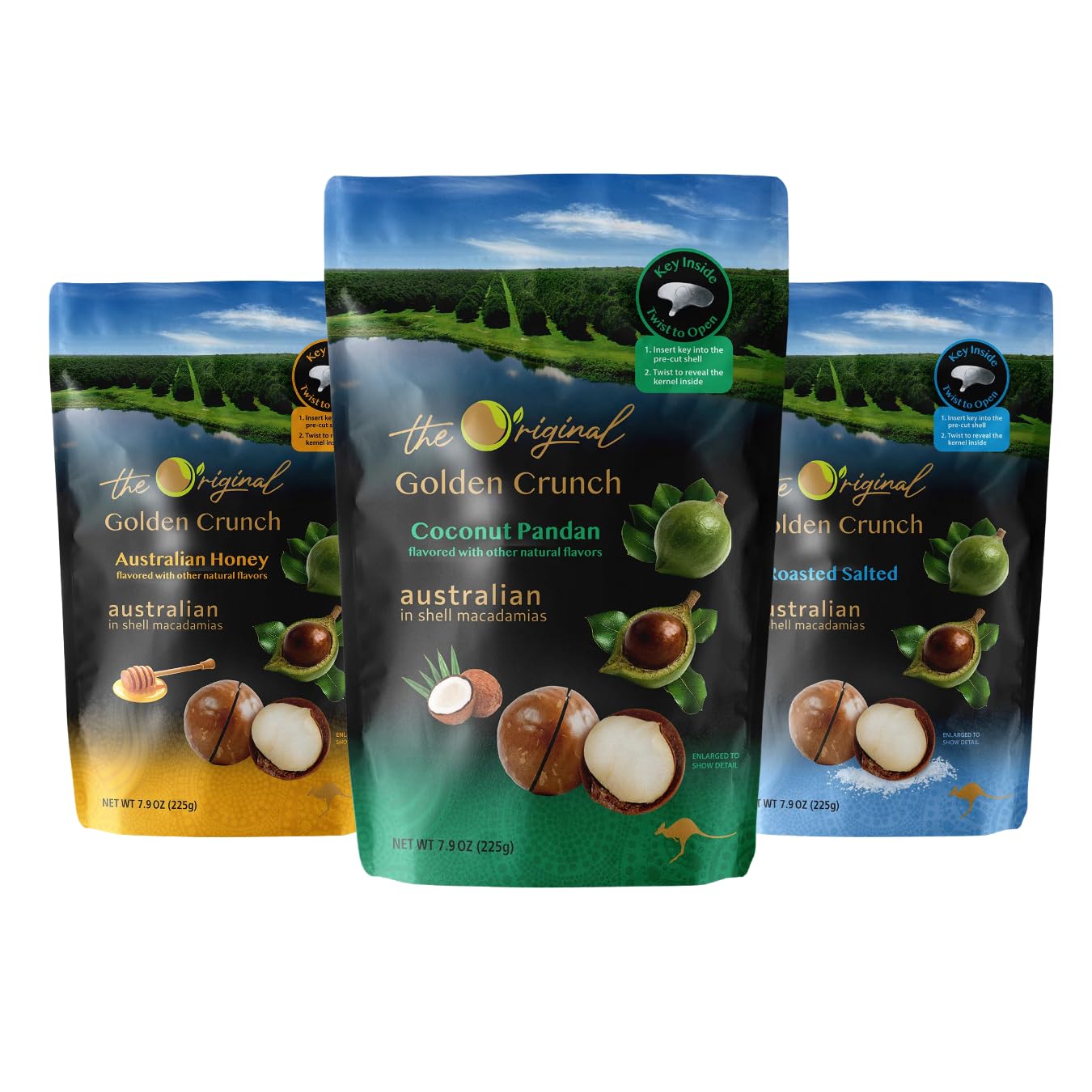 Golden Crunch In-Shell Macadamias 225g - Premium Australian Macadamia Nuts with Variety Natural Flavors | Crunchy, Creamy & Heart-Healthy Snack (Pack of 3, Australian Honey)