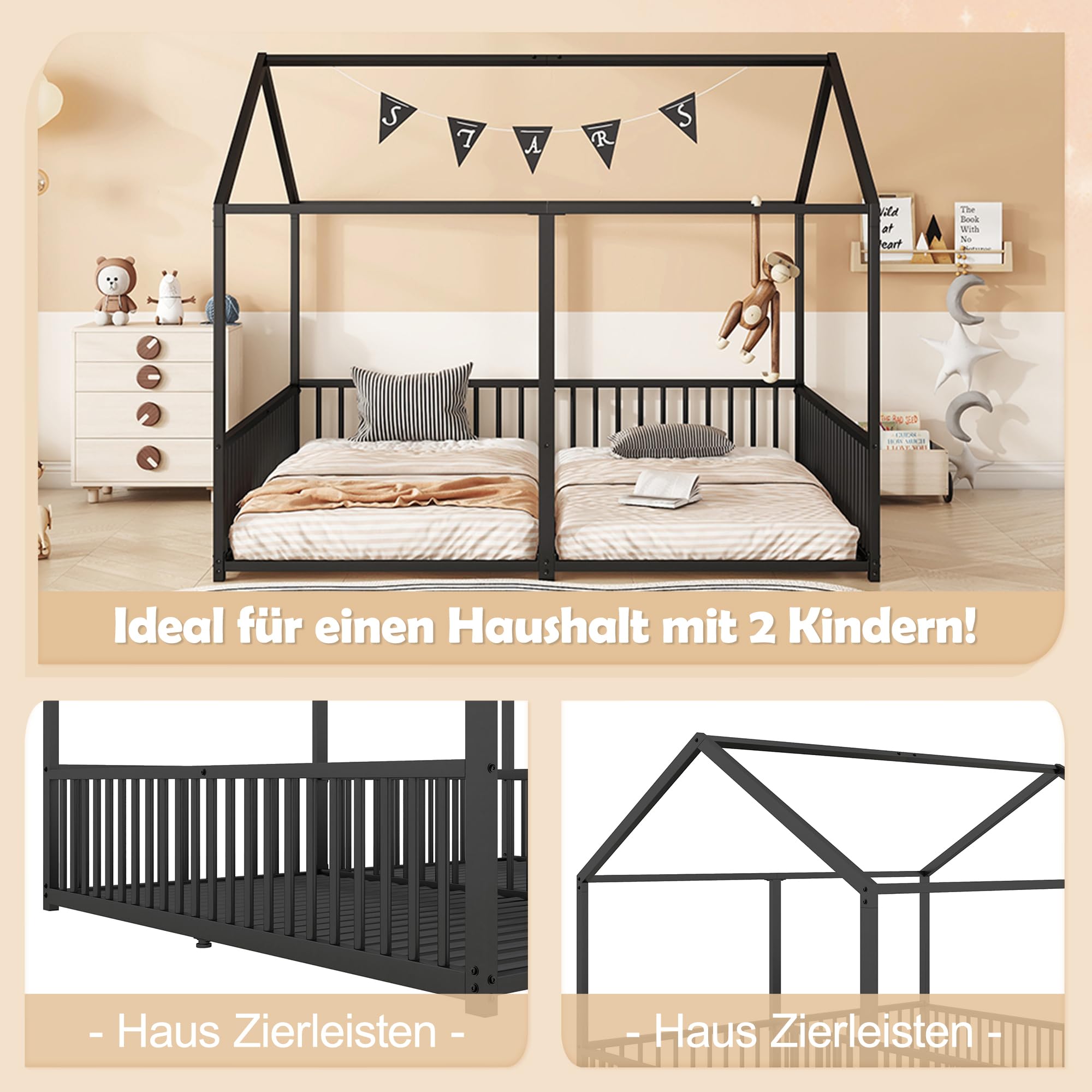 Dolamaní Bodenbett 180x200 cm 2 Kinder mit rausfallschutz, 90x200 cm Einzelbetten 2-in-1, Hausbett Metall Geschwister Bett, Kinderbett Bodentief (Schwarz B)