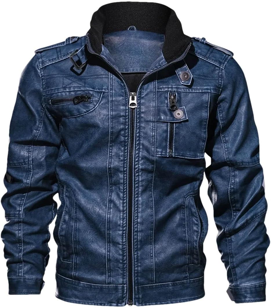 Men Fleece Faux Leather Jacket Zippers Men's Stand Collar Coat Slim PU Jacket Male Moto Biker Coats