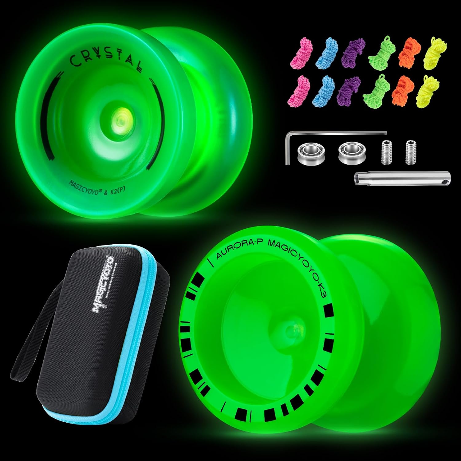 MAGICYOYO K2 Crystal Yoyos Glow in The Dark, Responsive Yoyo for Kids，Unresponsive Yo yos for Adults, Plastic Yo-Yo Professional for Fingerspin Trick + 12 Strings + Accessory kit (Glow Yoyo Pack)