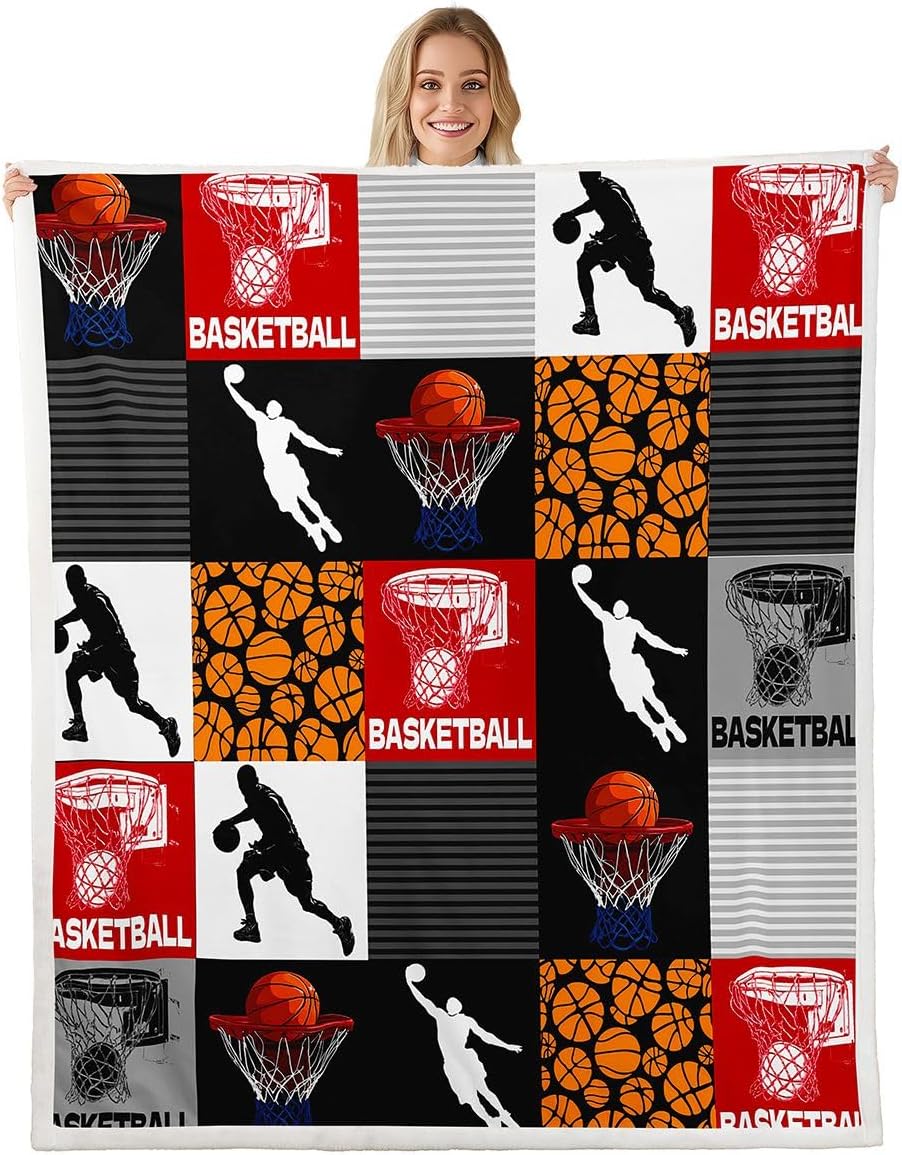 jejeloiu Basketball Flannel Fleece Throw Blanket for Sofa Couch 3D Ball Pattern Sherpa Blanket All Season Twin 60"x80" Gaming Sports Fuzzy Blanket Sports Theme Plush Blanket