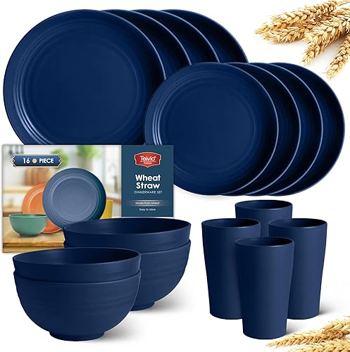 Miniatura 8 de Teivio Juego de vajilla de plástico de paja de trigo de 16 piezas, servicio para 4, platos llanos, platos de postre, cuencos para cereales, vasos,