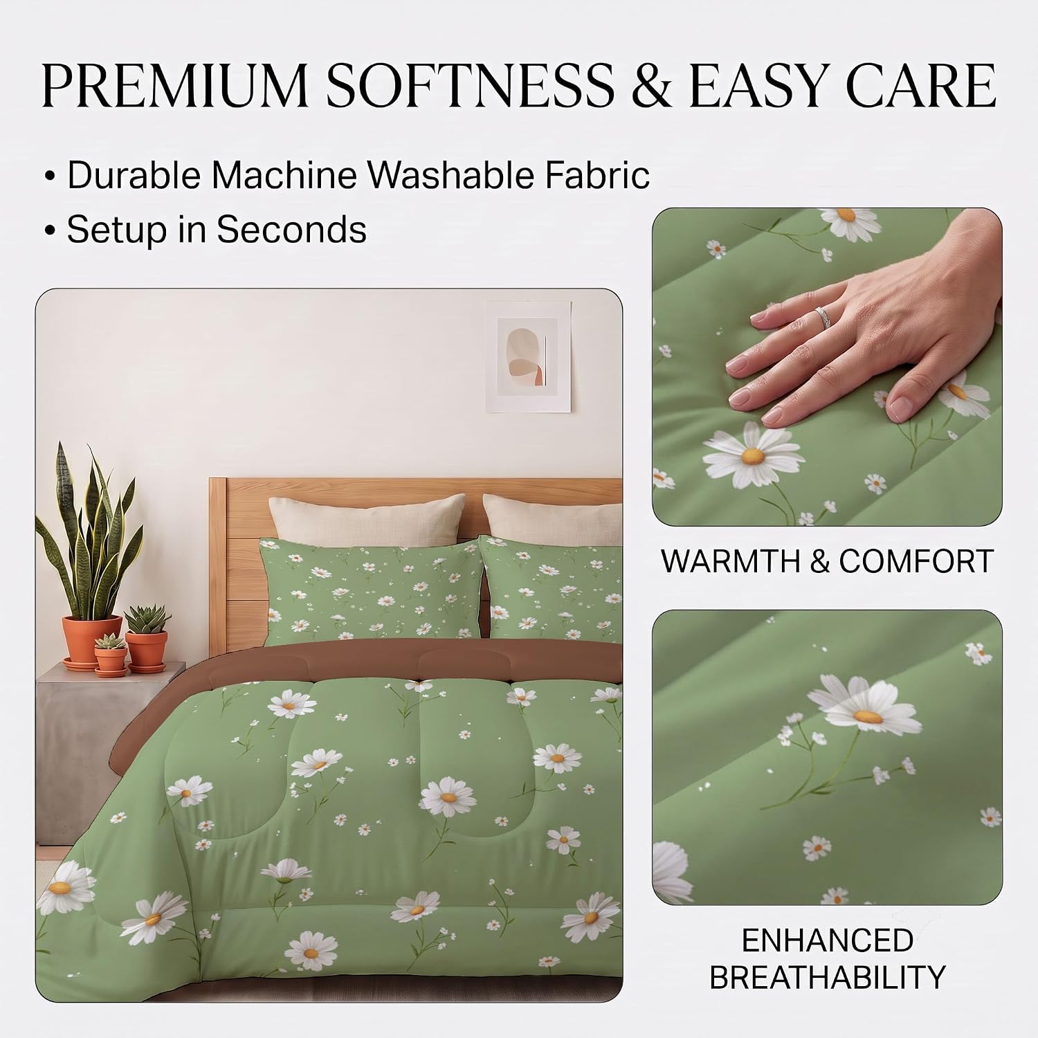 Fresh Countryside Comforter Set Queen Size, Spring Daisy Flowers Bedding Set for Girls Boys, Mint Green Quilt Bed 90"X90" Bedding Comforter Sets with 2 Pillowcase Room Decor