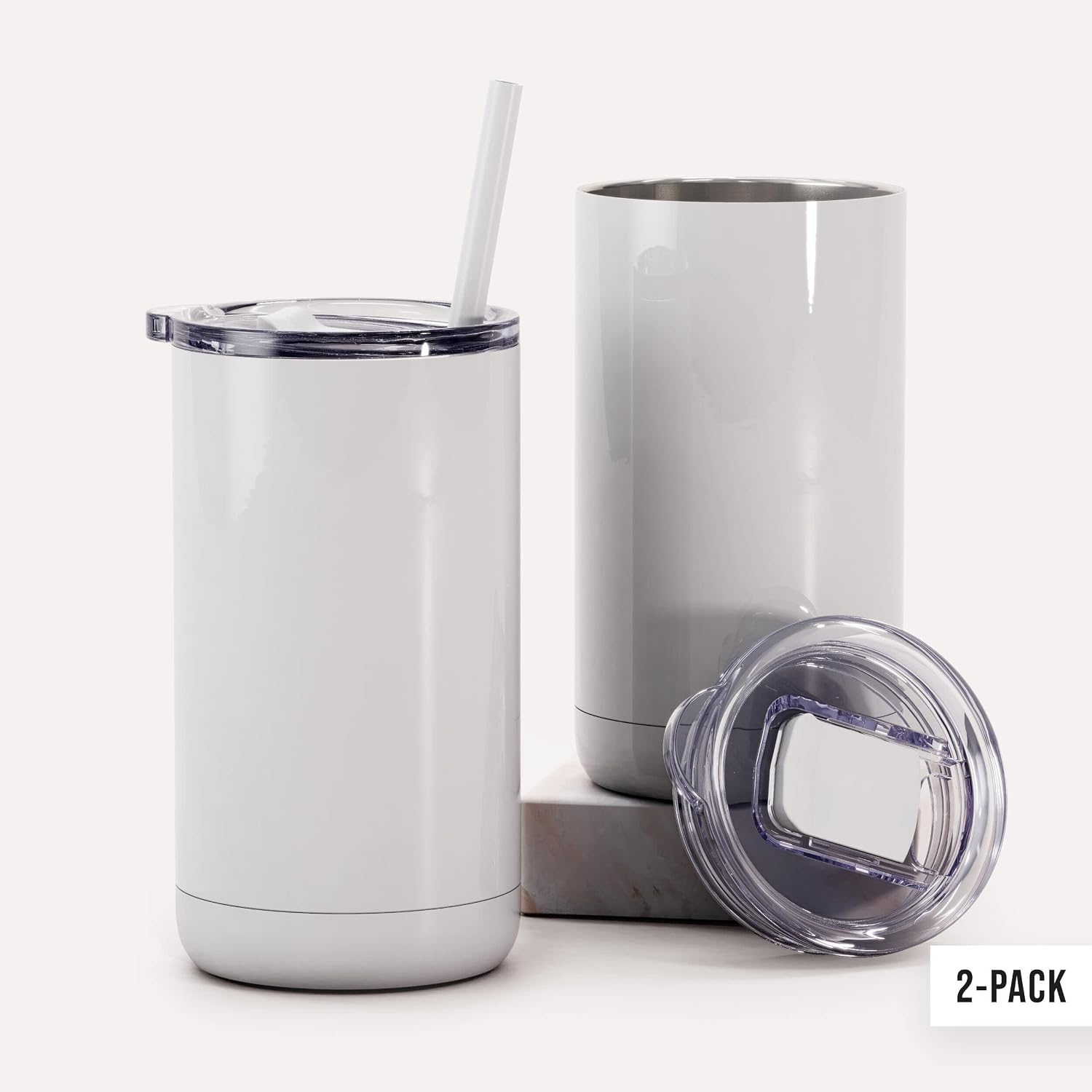 Maars Maker 12oz Sublimation Blank Tumblers | Individually Boxed, Polymer Coated Skinny Straight Stainless Steel Cups with Lid and Straw - Gloss White, 2 Pack