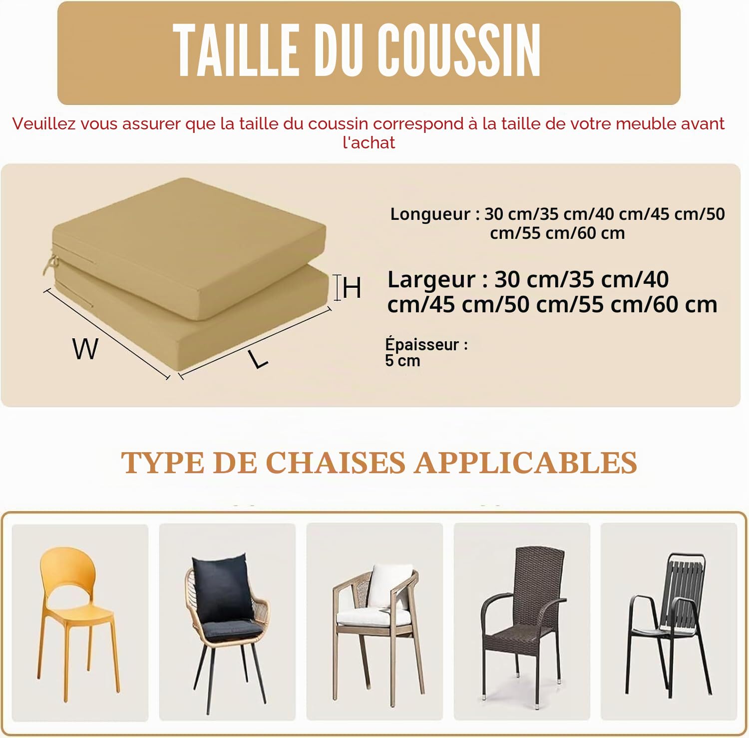 Lot de 2/4/6 Galette de Chaise d'extérieur de Jardin Imperméables avec Attaches - 40/45/35cm Carrés Coussins de Siège épaisseur 5cm for Patio, Cuisines, Salle à Manger(Gray,45x45cm(6pcs))