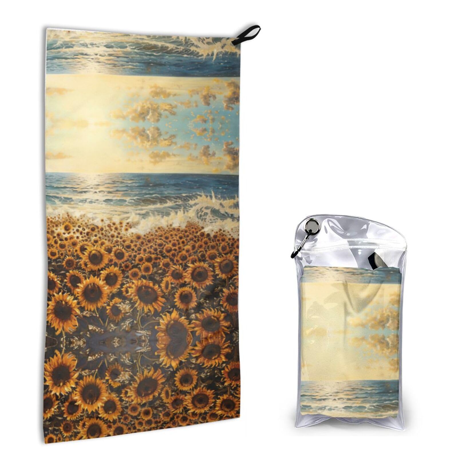 Sunflowers Sea Print Quick Dry Microfiber Towel 16x31.5 Inches, Super Absorbent Lightweight Compact Travel Towel With Carabiner & Carry Bag For Outdoor, Beach, Gym, Camping