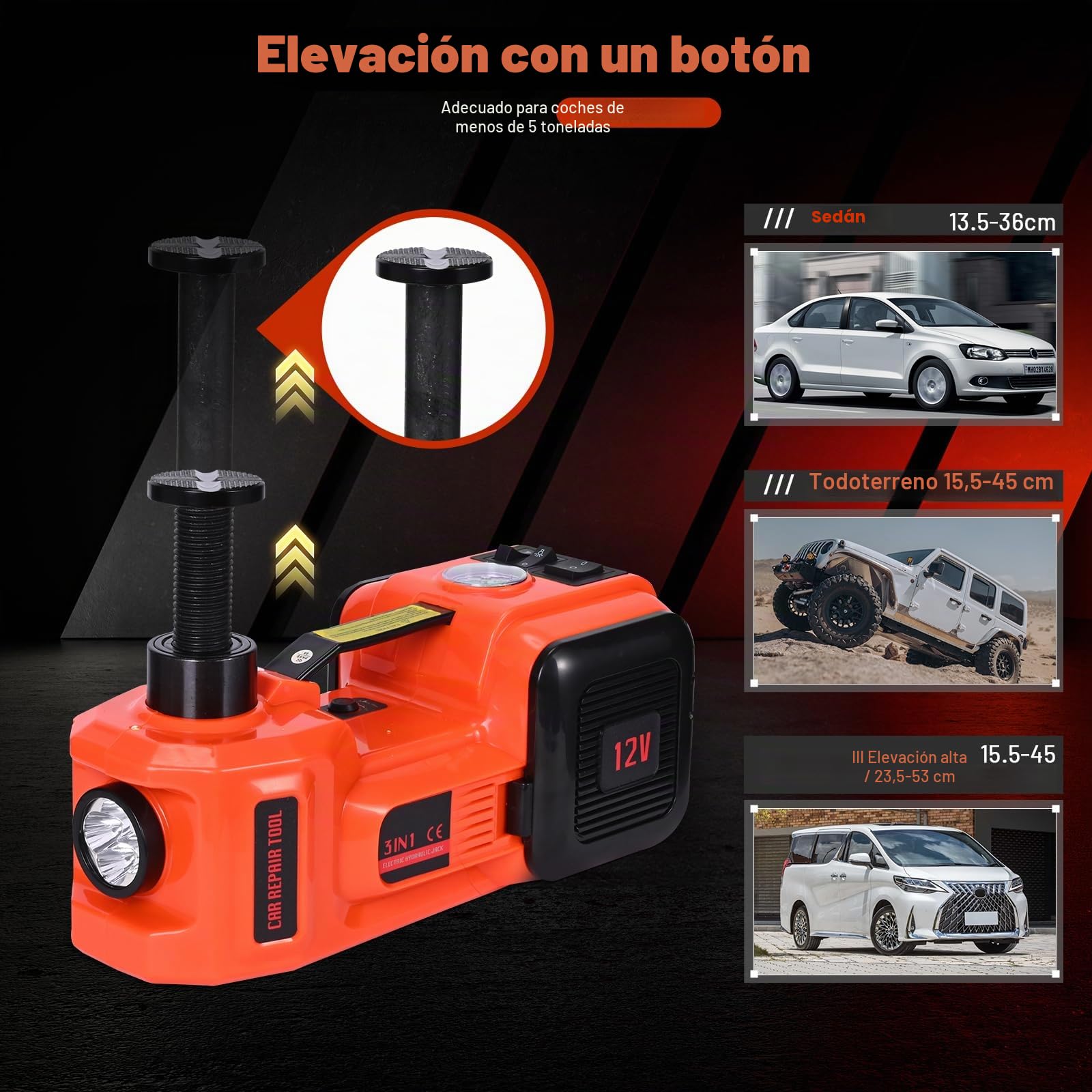 Gato hidráulico eléctrico 5T, gato hidráulico con llave de impacto eléctrico, rango de elevación 15-53 cm, cargador con bomba inflable y luz LED para coche, SUV, sedán, MPV