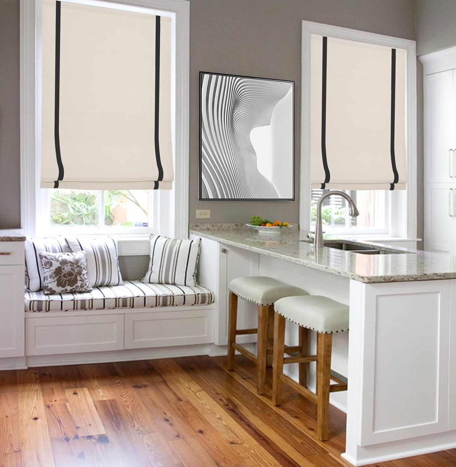 Cordless Roman Shades with Black Ribbon Border, Beige White Fabric Roman Blinds, Custom Blackout Roman Shades for Windows, French Doors, Hardware Included