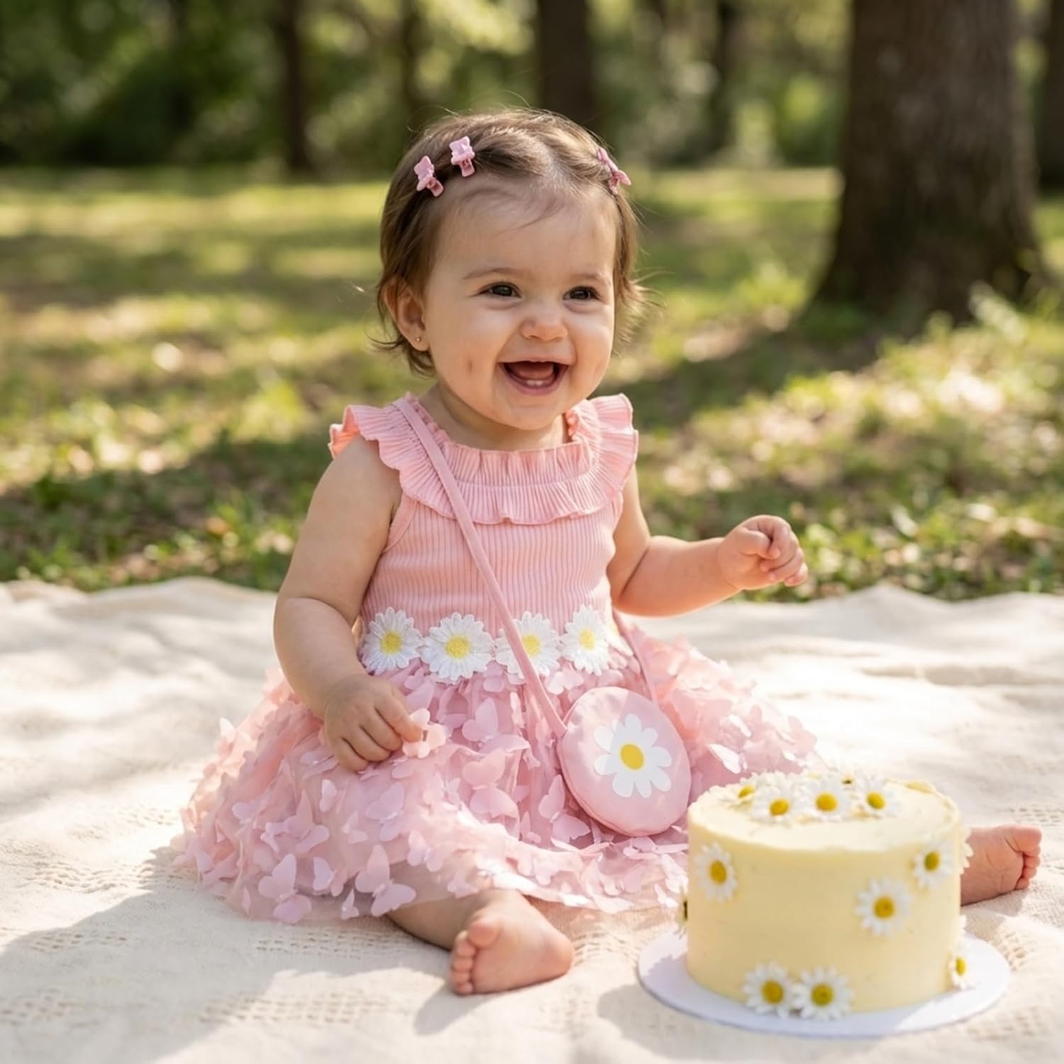 Toddler Girl Daisy Dress Set 3Pcs Ribbed Knit Tulle Sundress with Bag & Headband