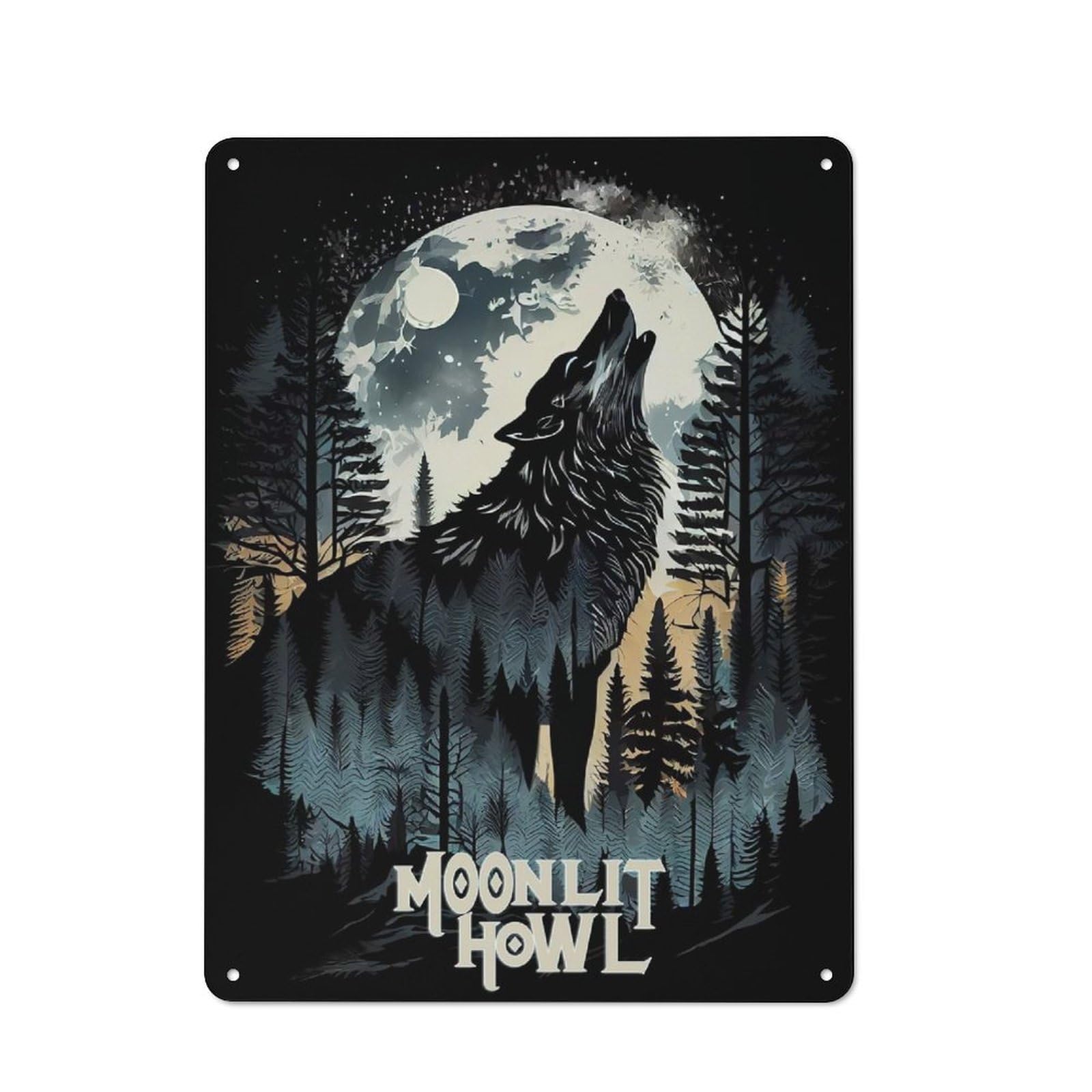 Metal Wall Art Sign with Moonlit Howl Wolf Design 40x30cm, Modern Retro Urban Room Decor for Workspace, Cafe, Hallway Or Garage