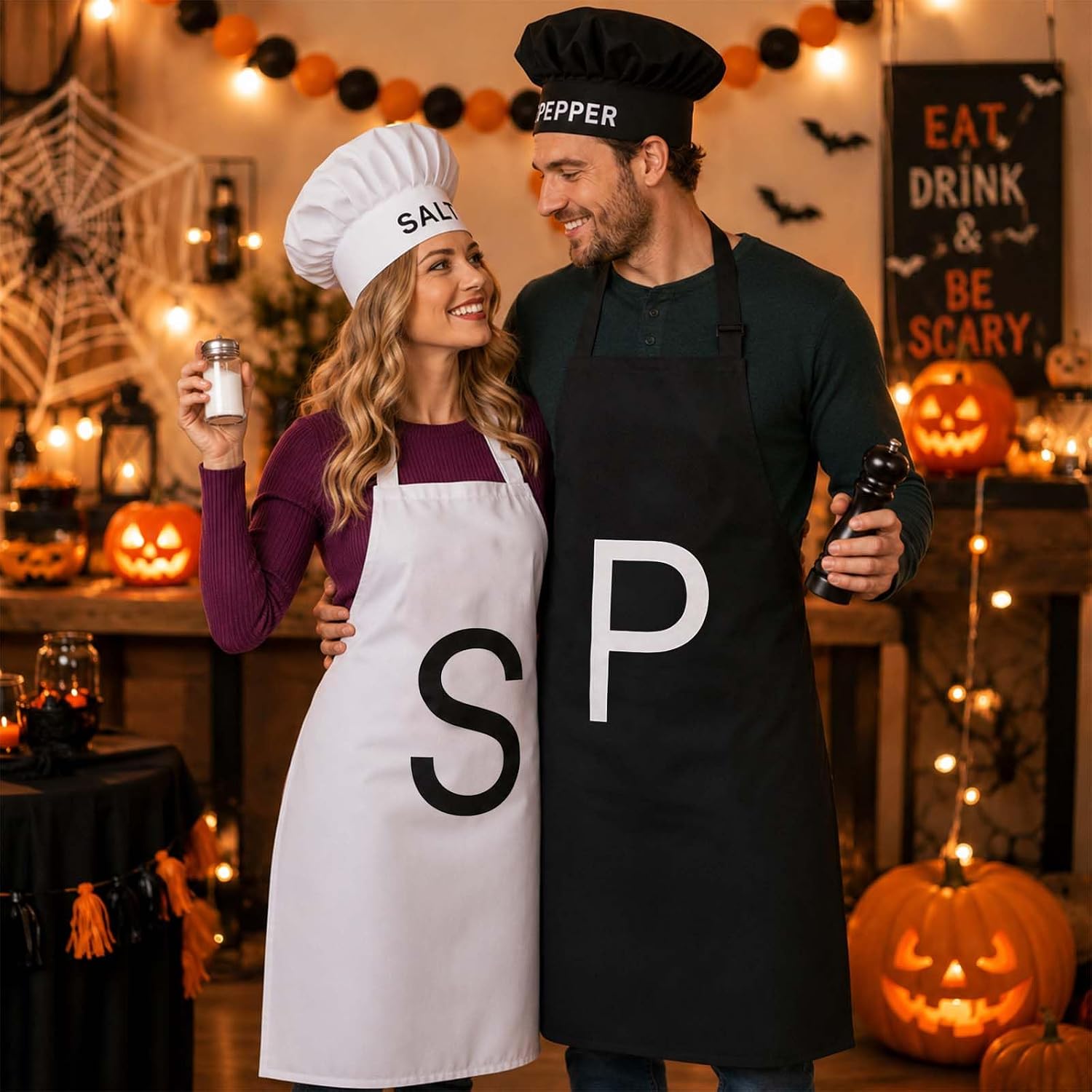 JcHrmers 4 Pcs Halloween Couple Condiment Costume Set Include Condiment Aprons and Chef Hats for Adults Party Dress Up