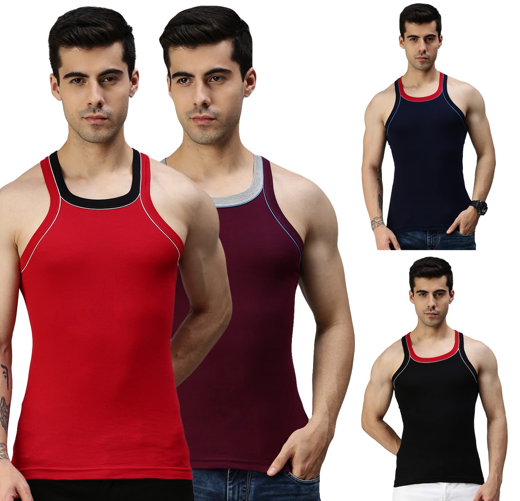 Men's Cotton Modern Fit Vest (Pack of 4) (Prints May Vary)