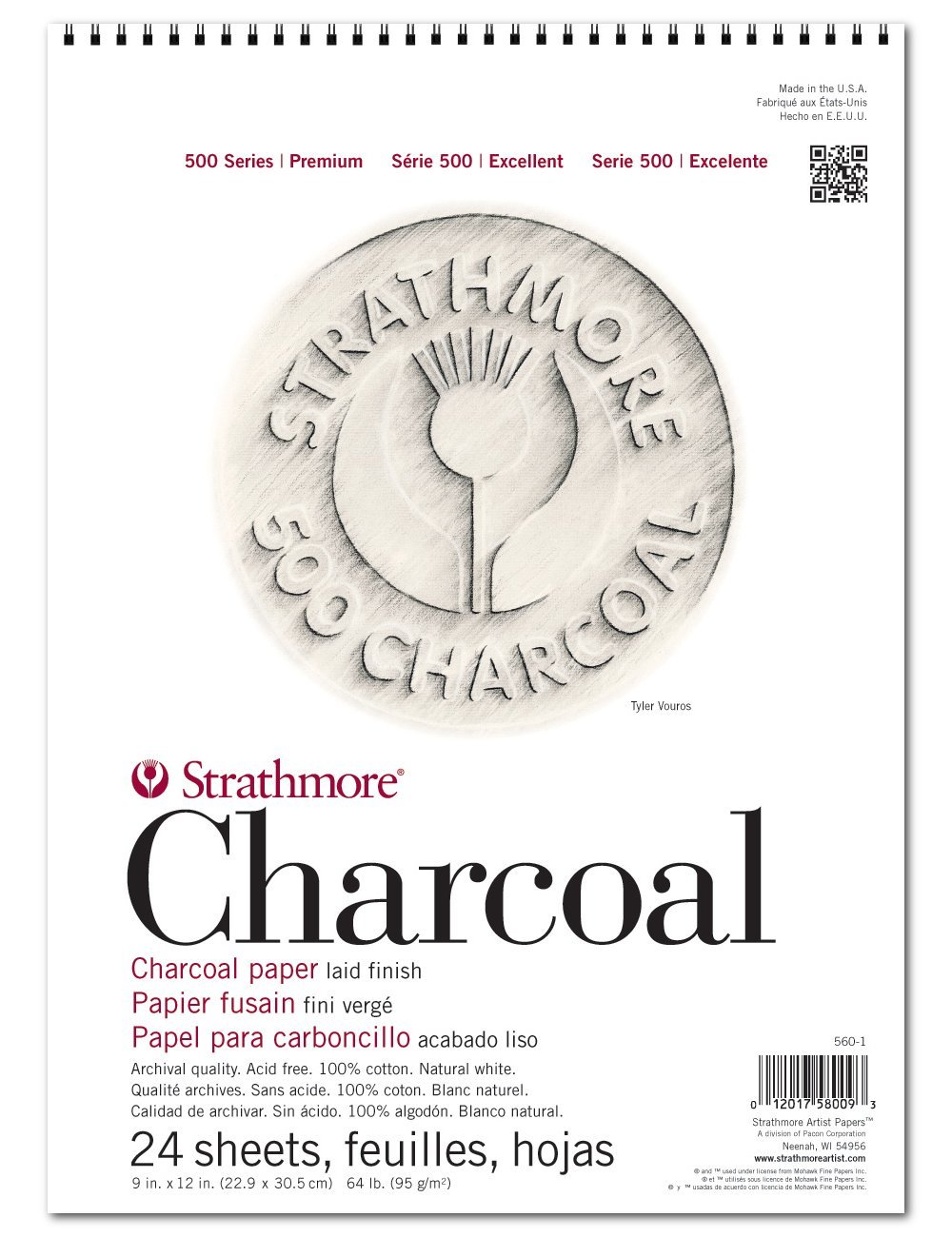 Strathmore 500 Series Wire Bound Charcoal Pad, 64 lb. Laid Surface, 9 X 12 inches, White, 24 Sheets (560-1)