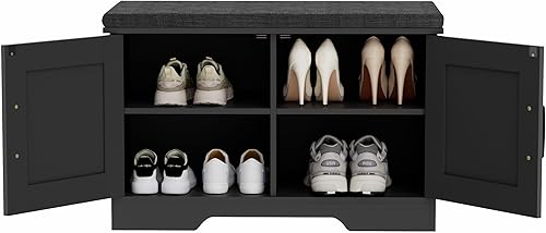 Miniatura 17 de Banco de almacenamiento de 2 niveles, banco de zapatos de 39.4 pulgadas de ancho con cojín de asiento acolchado, banco de entrada con 2 puertas de