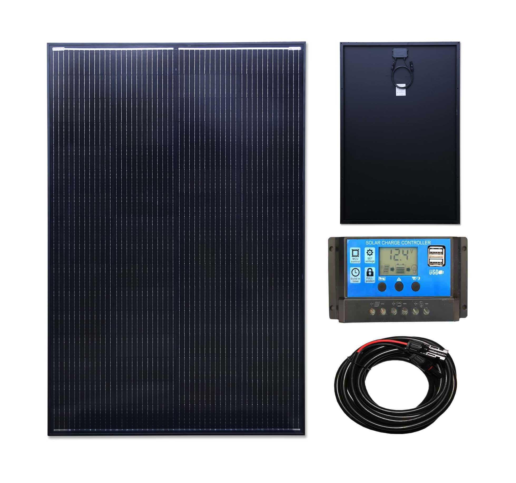 Lowenergie Black 250W Framed Mono Solar Panel Battery Charging Kit With Charger Controller For Caravans, Motorhomes, Boats & Any Flat Surface. K1