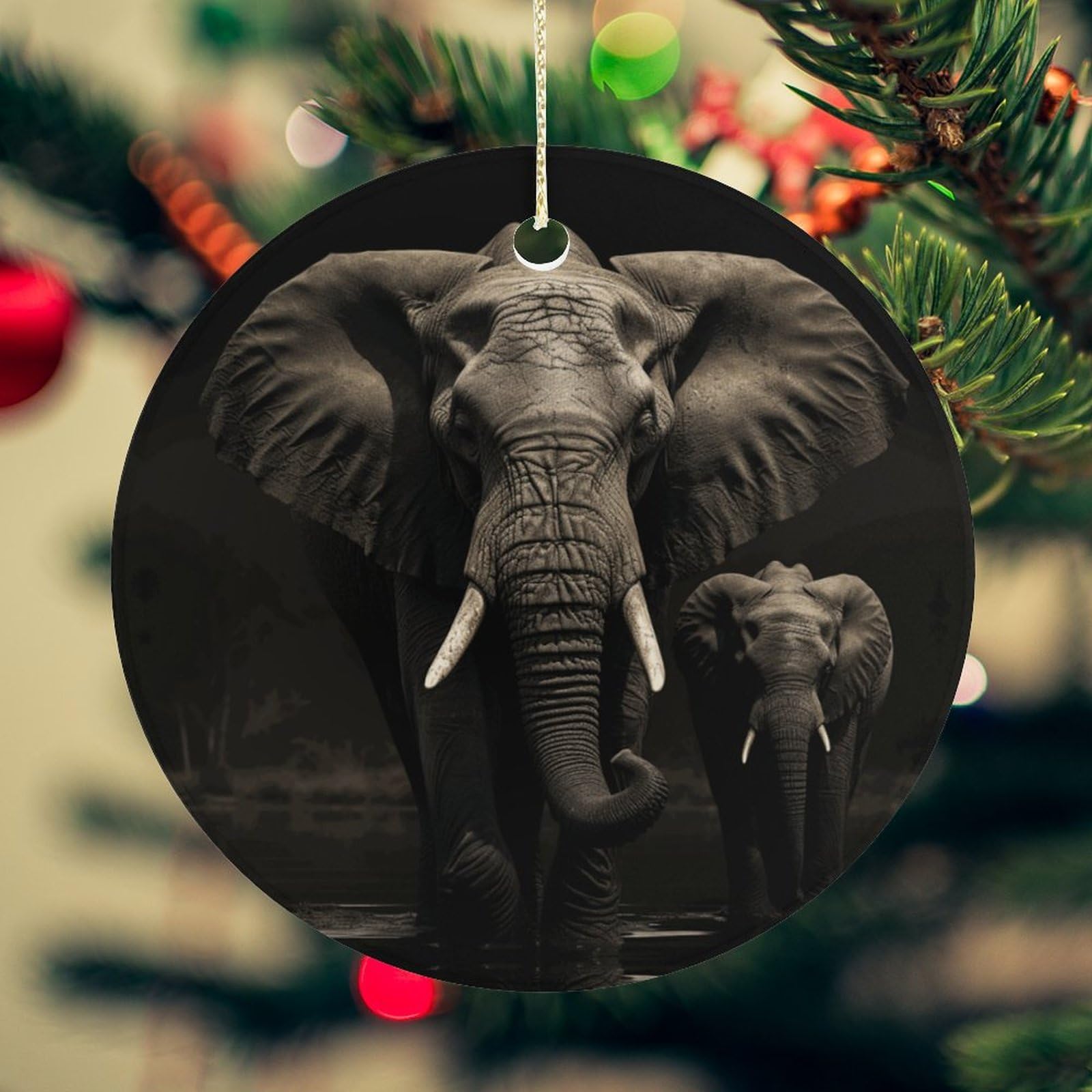 Elephant Black Christmas Ornament for Christmas Tree Ceramic Round Ornament Winter Holiday Keepsake Gift 2.7" Christmas Tree Hanging Decorations Circle Ceramic Pendant Xmas Gift