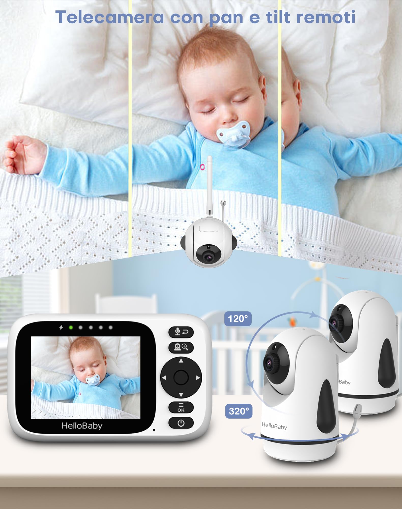 HelloBaby Baby Monitor Video e Audio 3.2'',Telecamera Bambini con Monitor e Doppia Telecamera,320° Telecamera Rotante,Visione Notturna,Sensore Temperatura,ECO,Interfono Bidirezionale,Ninna Nann