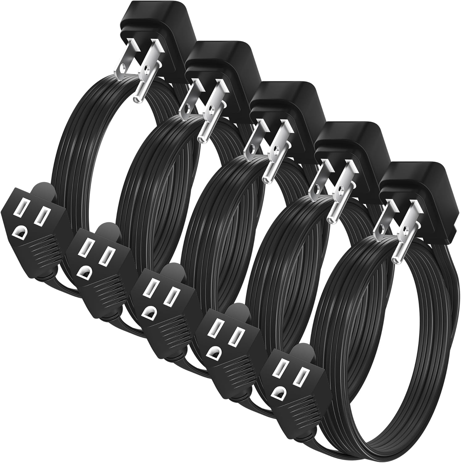1875W Short Power Extension Cord 2 FT,90-Degree Right Angled Plug 14 AWG 3 Prong Grounded Low Profile Power Cord 15A 125V, 14 Gauge Flat Power Wire for Indoor Home Office, 5 Pack, Black,ETL Listed