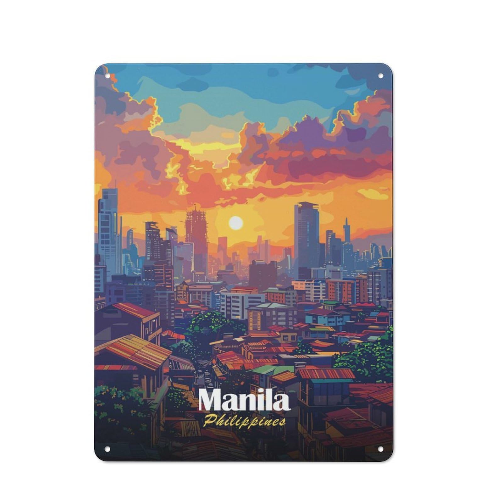 Decorative Tin Sign with Manila Philippines Cityscape at Sunset Design 40x30cm, Nostalgic Old Style Wall Plaque for Living Room, Hallway, Kitchen Or Cafe