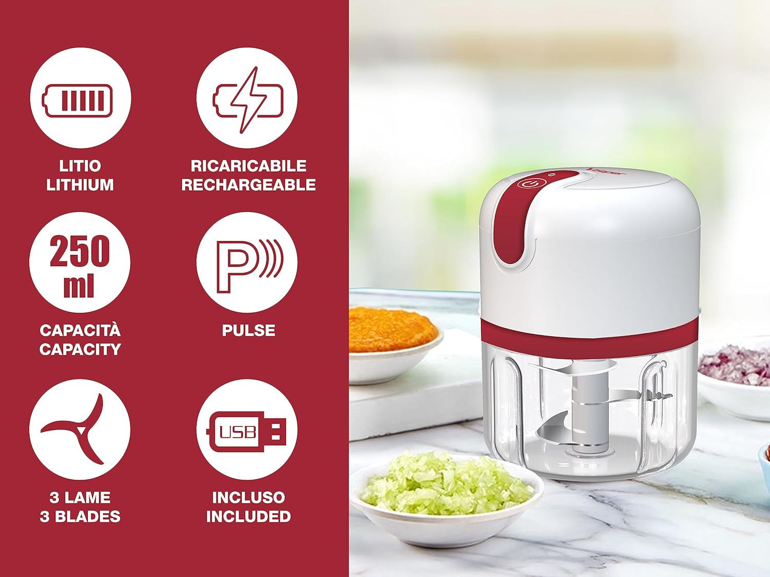 BEPER P102ROB050 Tritatutto ricaricabile USB, Mini Robot da Cucina, Capacità 250 ml, Potenza 3,7V,3 Lame Acciaio Inossidabile, Batteria ricaricabile, Rosso/Bianco Tritatutto ricaricabile USB 0.25 L - Immagine 2