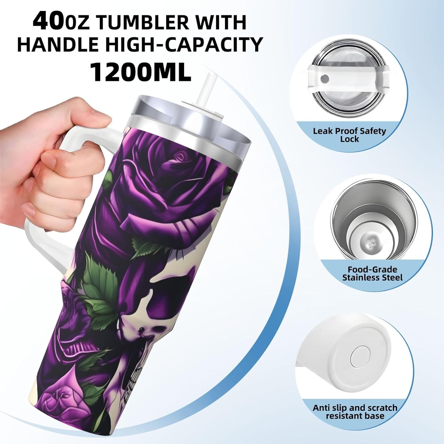 40 OZ many Purple Rose Skull Print Ice Bully Cup with Handle Straw Lid Straw,Stainless Steel Tumbler Coffee Cup