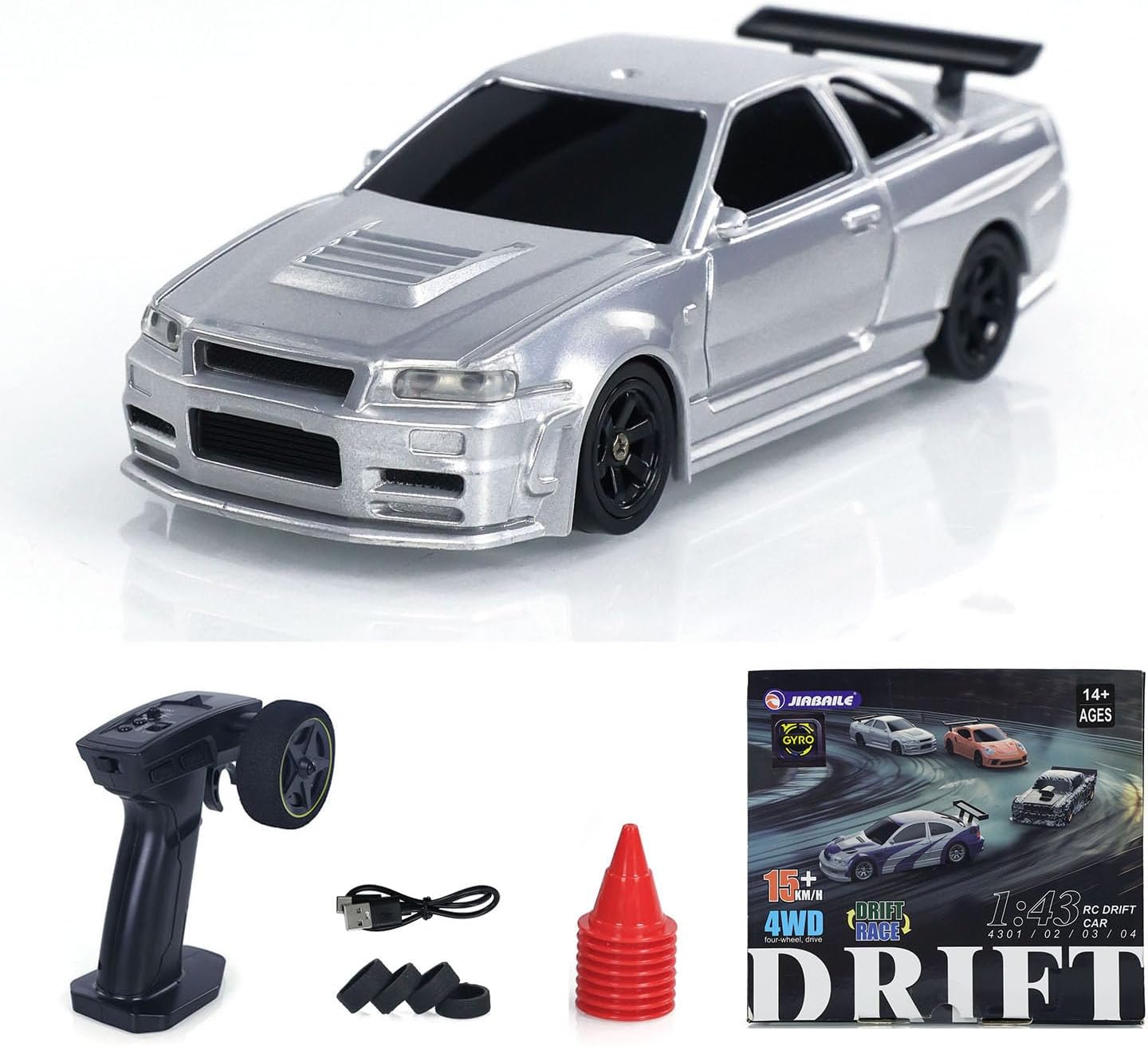 1/43 Full Scale RC Drift Race Vehicle with Gyro Edition 4WD Ready to Go Mini Racing Car Remote Control Car High Speed Model for Collection Gift Boys(Silver Gray)