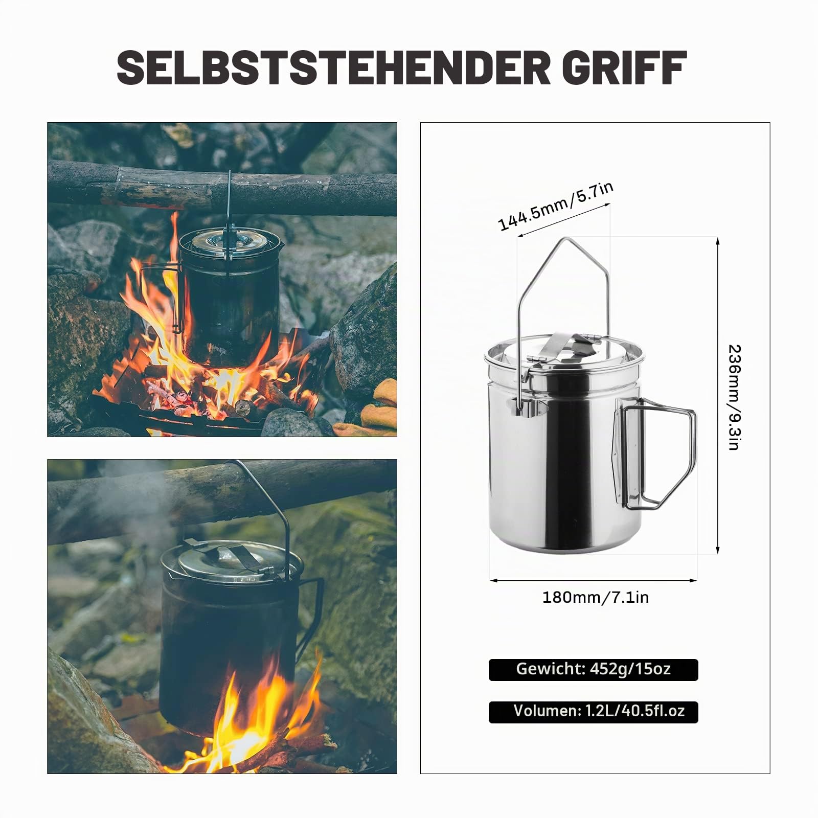 Fire-Maple Campingtopf Edelstahl Camping-Hängetasse mit Dampfkorb 1,2 l Lagerfeuer-Kaffeetasse mit Faltbarem Griff für das Kochen im Freien