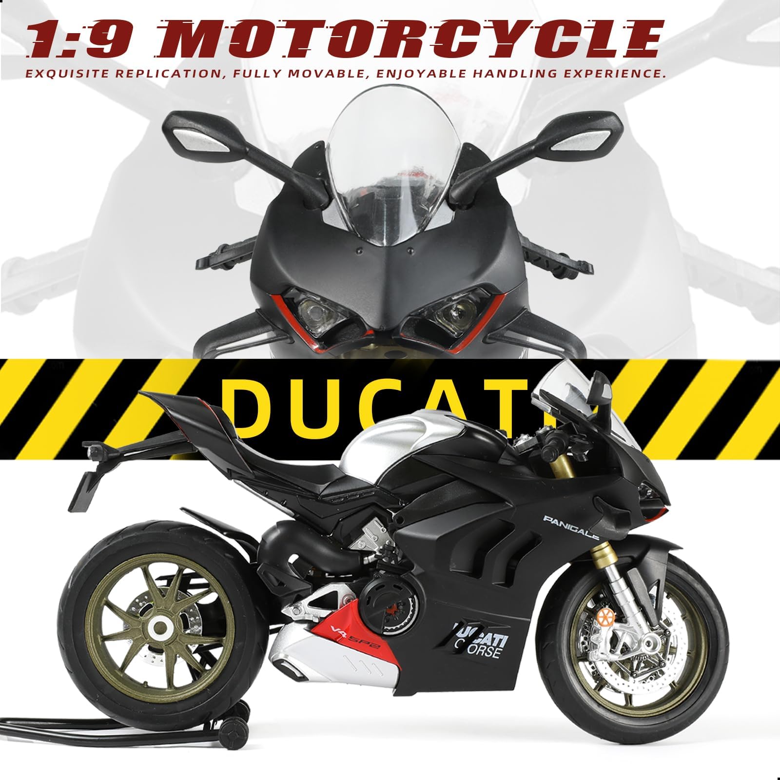 Risopen Odlew motocyklowy model 1:9, kompatybilny z Ducati Panigale V4 SP2, zabawka motocyklowa, zabawka motocyklowa 1:9, kolekcja prezentów dla dzieci i dorosłych (czarny)
