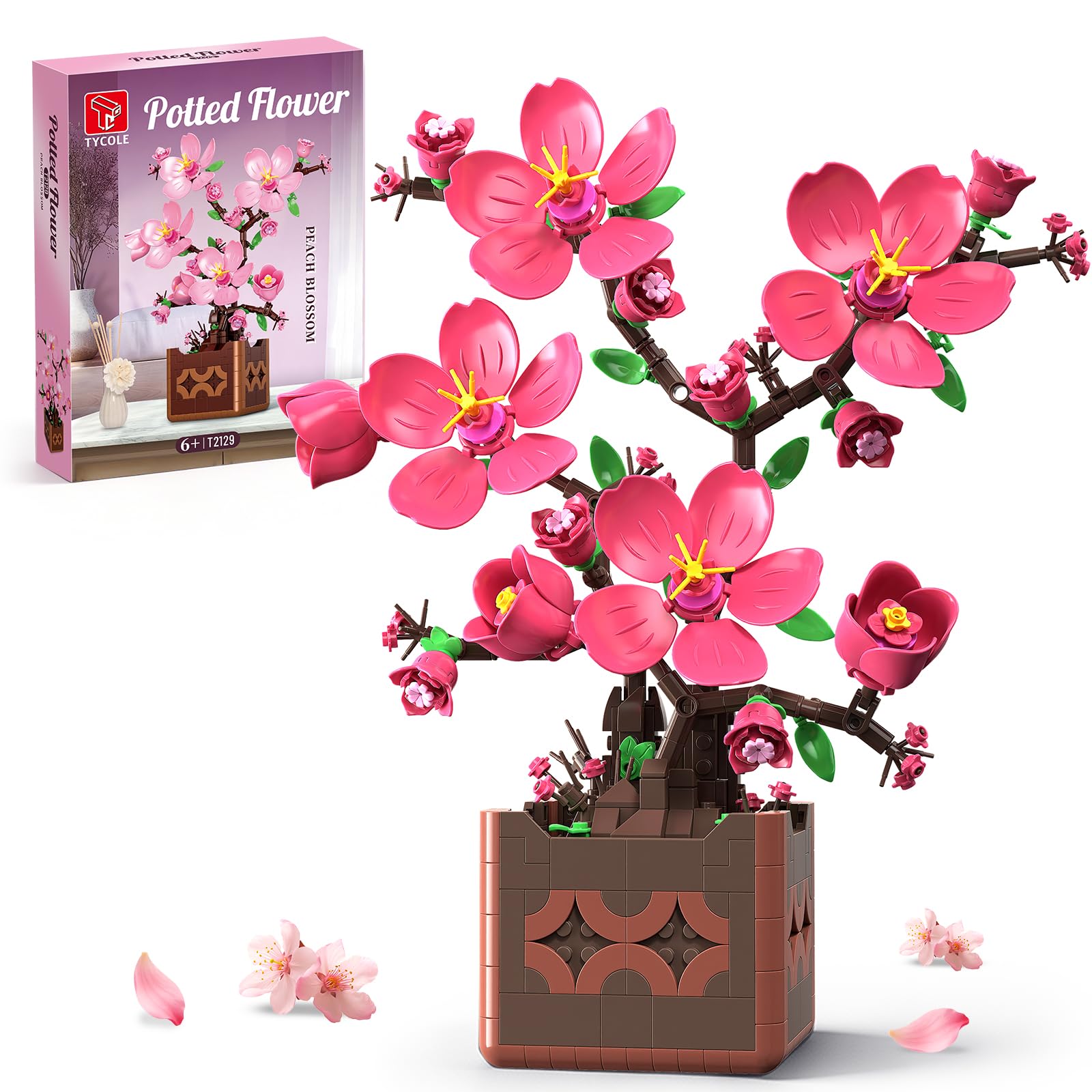 TYCOLE Botanicals Peach Blossom Potted Toy, Artificial Plant Building Block Set with Pink Flowers & Green Leaves, DIY Home Office Decor, Birthday Gift Idea for Adults and Kids Boys Girls 6-12 (602Pcs)