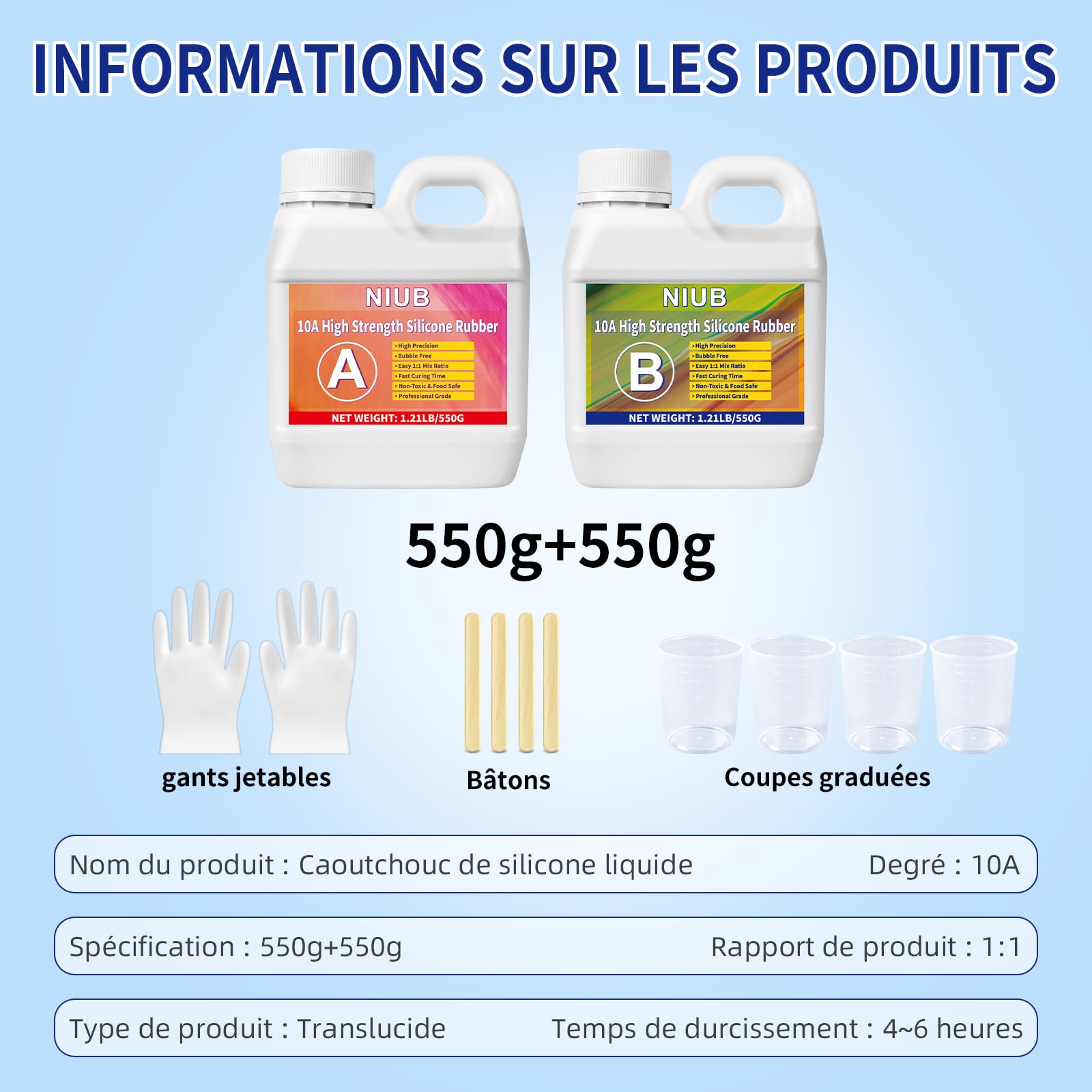 10A Silicone pour Moulage, Silicone Liquide pour Moulage, 1,1KG Silicone Moulage, Fabrication Moule Silicone, Kit de Fabrication de Moule en Silicone, Silicone pour Moulage Alimentaire
